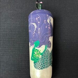 NWT Starbucks Tumbler with Green Leaves and Purple Lid